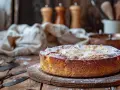 Un délicieux gâteau breton, saupoudré de sucre glace, repose sur une planche en bois. Des couverts anciens sont disposés à côté.