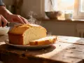 Un délicieux gâteau au yaourt, encore chaud, est coupé en tranches sur une table en bois rustique. La vapeur s'échappe doucement du gâteau.