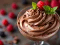 Une coupe de mousse au chocolat onctueuse, garnie de copeaux de chocolat, d'une framboise et de menthe. Parfait pour une recette mousse au chocolat onctueuse.