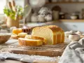 Un pain de mie doré et moelleux, encore chaud, est tranché sur une grille. Des pots de confiture et du beurre sont à proximité, prêts pour un petit-déjeuner gourmand.