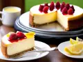 Une part de cheesecake crémeux, garnie de framboises et de coulis, parfaite pour une recette de cheesecake réussie.