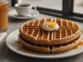 Gaufres dorées nappées de sirop, surmontées d'un œuf poché. Une tasse de café et un verre de jus complètent ce petit-déjeuner gourmand, parfait pour une recette gaufre réussie.
