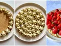 Étapes de décoration d'une tarte fraise : une base sablée, une crème pistache en étoiles, puis des fraises fraîches et éclats de pistaches.