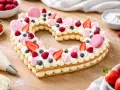 Un magnifique number cake licorne en forme de cœur, garni de fruits rouges, de macarons roses et de crème onctueuse.
