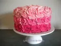 Gâteau rond décoré de roses en crème rose, du plus foncé au plus clair. Un délice visuel !