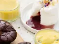 Des desserts délicieux : île flottante, crème anglaise et brownies. Parfait pour savoir que faire avec des blancs d'œufs !
