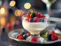 Délicieuse panna cotta crémeuse garnie de fruits rouges frais et d'une feuille de menthe, sur un plateau argenté.