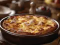 Un délicieux pain perdu doré et croustillant, saupoudré de sucre glace, dans un plat en terre cuite.