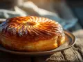 Un délicieux pithiviers gateau doré, aux feuilletages brillants, prêt à être dégusté sur une table en bois rustique.