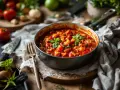 Une poêle remplie de sauce tomate maison, garnie de basilic frais. Des tomates et des herbes sont disposées autour.