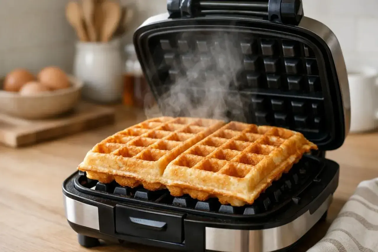 Deux gaufres dorées et croustillantes sortent d'une gaufrier, dégageant une vapeur appétissante. La recette gaufres croustillantes est un succès !