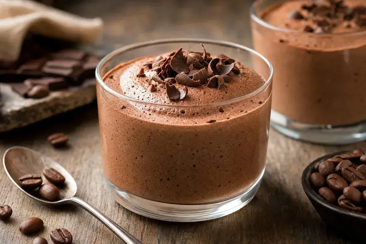 Délicieuse mousse au chocolat aérienne, garnie de copeaux de chocolat. Des grains de café et du chocolat noir sont disposés autour.