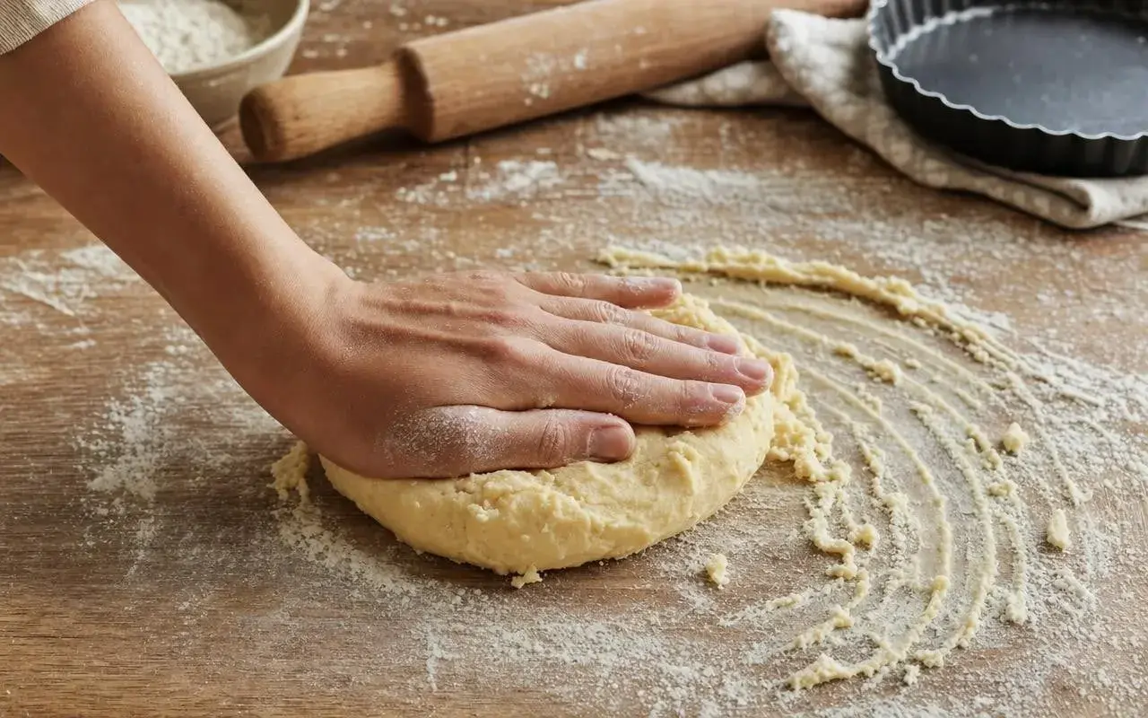 Main d'une personne travaillant une pâte brisée sur une table en bois, entourée de farine, d'un rouleau et d'un moule à tarte.