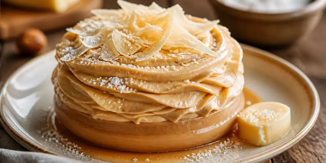 Gâteau crémeux avec chantilly chocolat blanc, garni de copeaux dorés et saupoudré de sucre glace. Un délice visuel et gustatif.