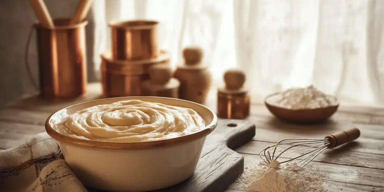 Un bol de pâte à beignets crémeuse, prêt à être cuisiné. Farine et fouet à proximité.