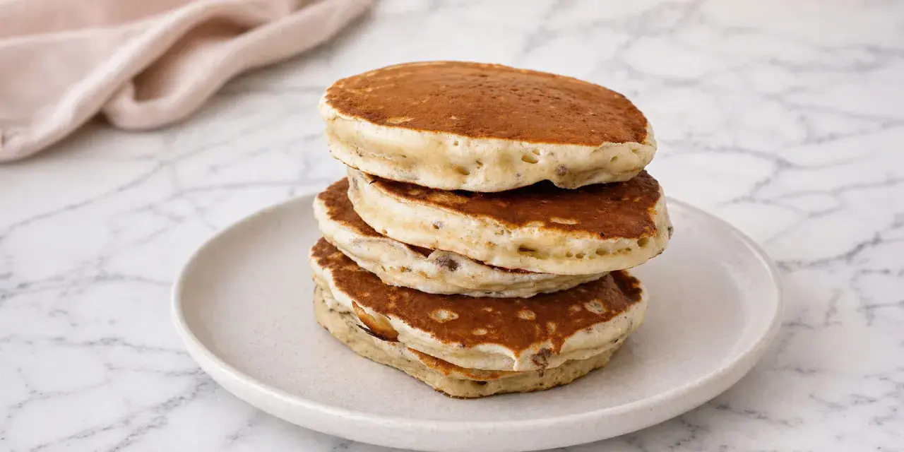 Pile de pancakes banane moelleux, dorés et aérés, servis sur une assiette claire.