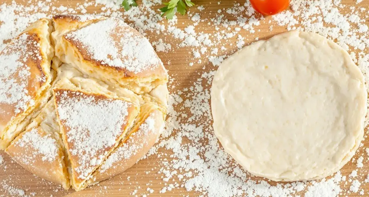 Une recette de pain maison : une miche dorée saupoudrée de farine à côté d'une pâte à pain crue, avec des tomates et du persil en arrière-plan.