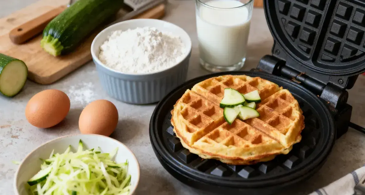 Gaufre courgette dorée dans un gaufrier, entourée d'ingrédients : courgettes râpées, œufs, farine et lait.