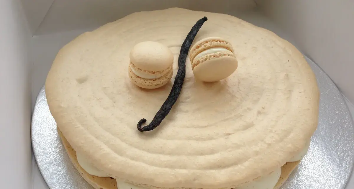 Un délicieux gâteau macaron à la vanille, orné de deux petits macarons et d'une gousse de vanille.
