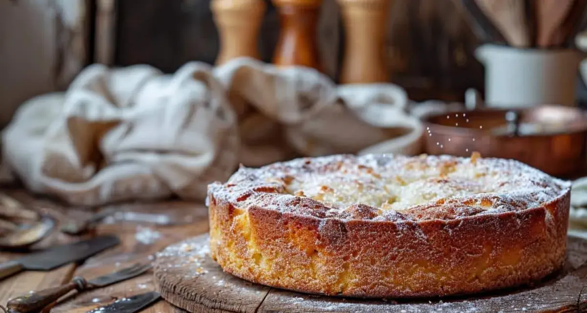 Un délicieux gâteau breton, saupoudré de sucre glace, repose sur une planche en bois. Des couverts anciens sont disposés à côté.