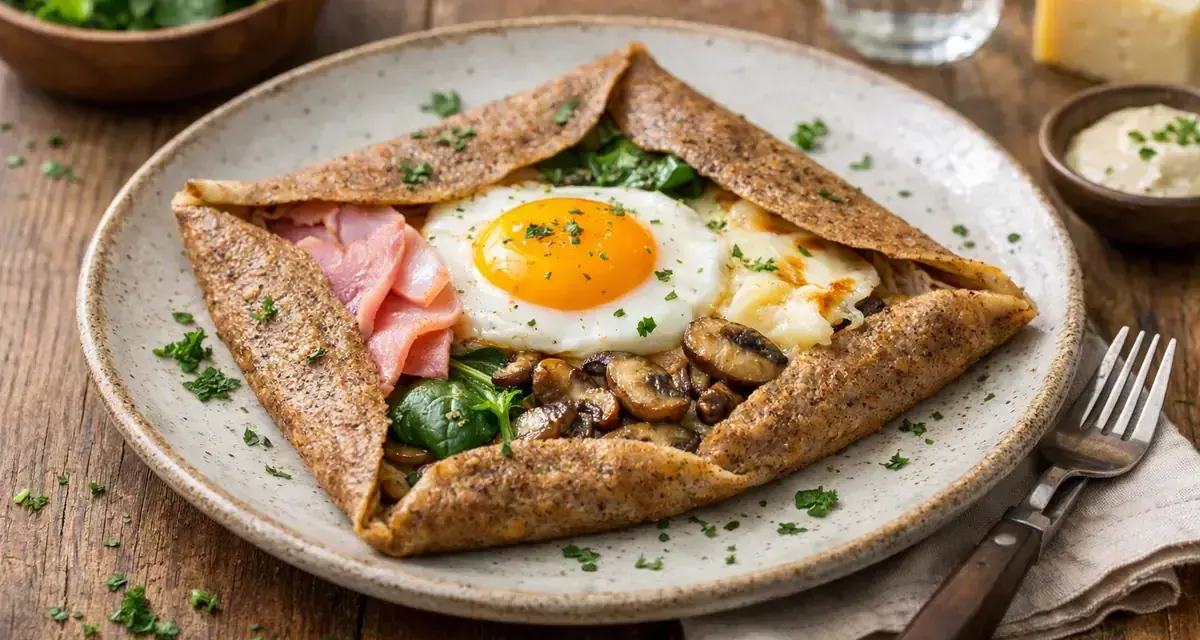 Une galette garnie d'un œuf au plat, de jambon, de champignons et d'épinards. Un délice de crêpes salées !