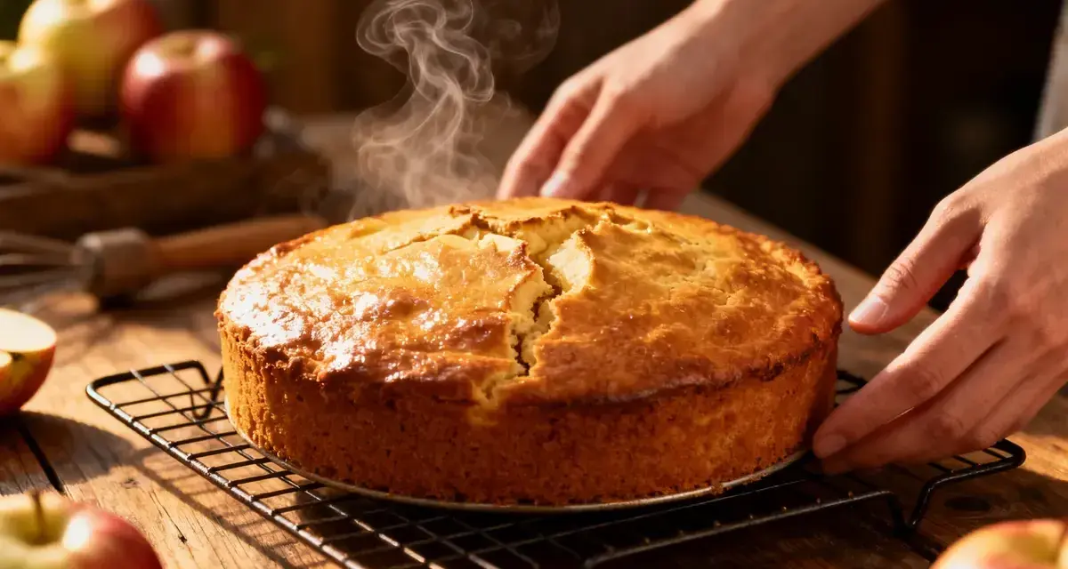Un délicieux quatre-quarts fumant, tout juste sorti du four, avec des pommes en arrière-plan.
