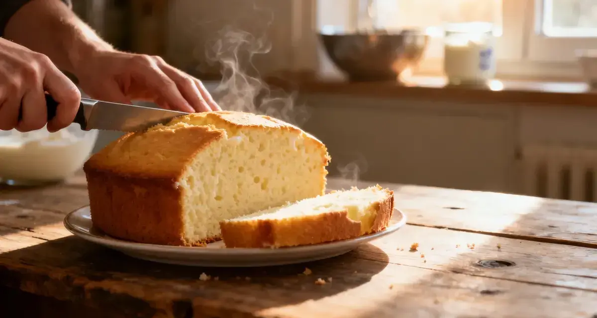 Un délicieux gâteau au yaourt, encore chaud, est coupé en tranches sur une table en bois rustique. La vapeur s'échappe doucement du gâteau.