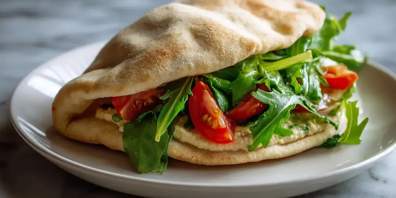 Sandwich pita garni de houmous, roquette et tomates. Une recette simple et savoureuse.