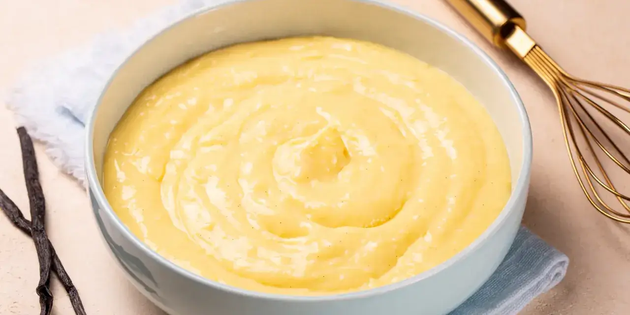 Un bol de crème pâtissière onctueuse, parsemée de points de vanille, avec des gousses de vanille et un fouet doré à proximité.