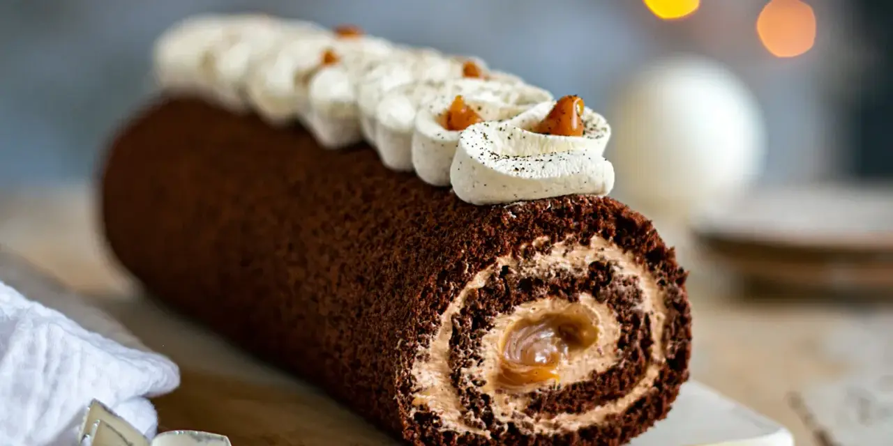 Une délicieuse buche chocolat au lait, roulée et garnie de crème onctueuse, prête à être dégustée.