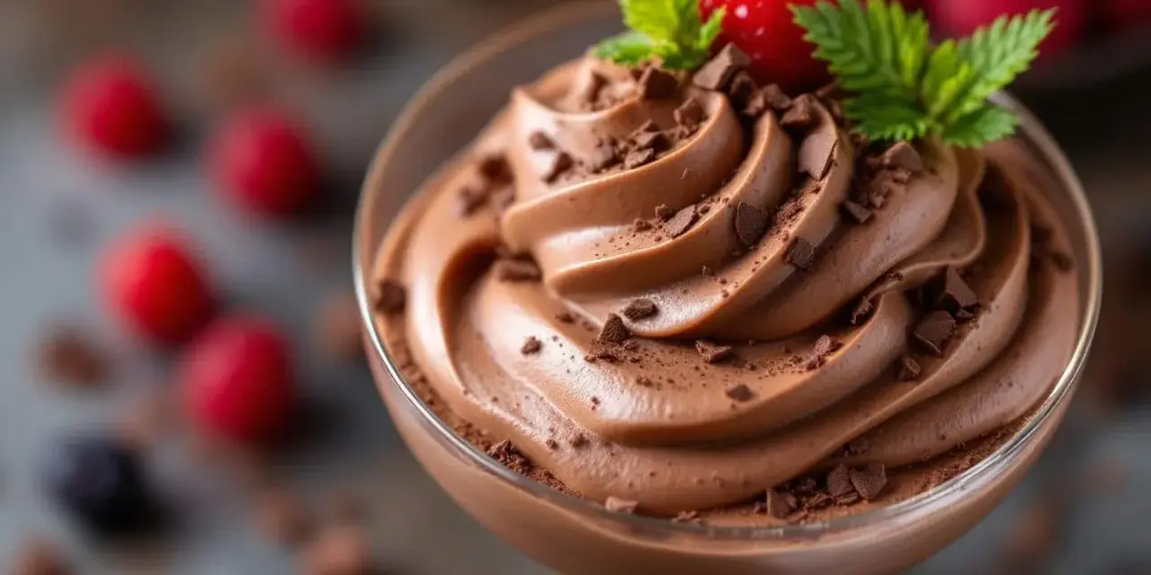 Une coupe de mousse au chocolat onctueuse, garnie de copeaux de chocolat, d'une framboise et de menthe. Parfait pour une recette mousse au chocolat onctueuse.