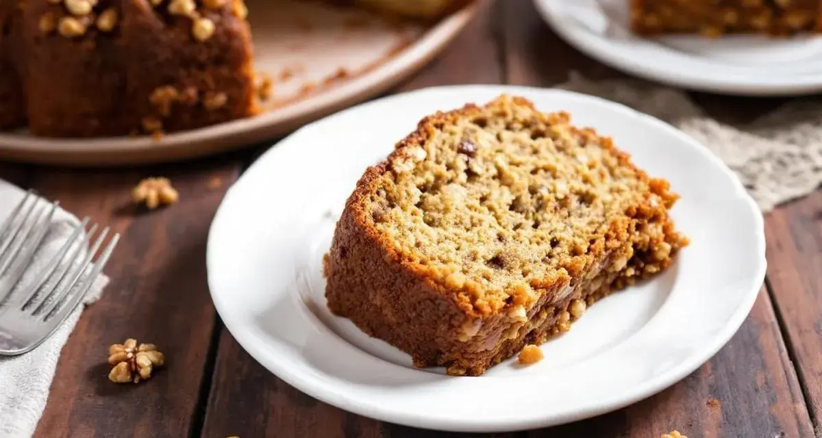 Tranche d'un gâteau aux noix de grand-mère moelleux, parsemé de noix sur une assiette blanche.