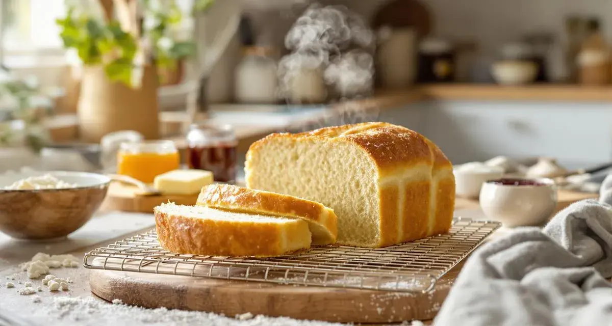 Un pain de mie doré et moelleux, encore chaud, est tranché sur une grille. Des pots de confiture et du beurre sont à proximité, prêts pour un petit-déjeuner gourmand.