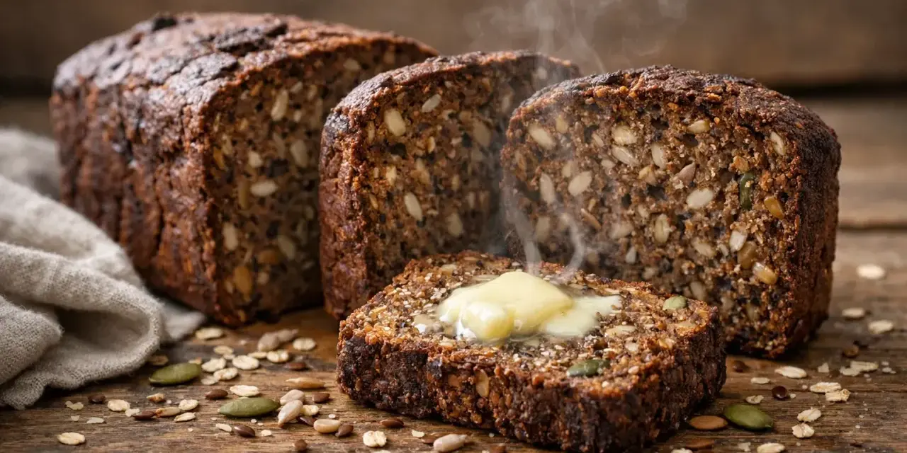 Tranche de pain nordique recette, garnie de beurre fondant et de vapeur s'échappant. Des graines et des flocons d'avoine parsèment la planche en bois.