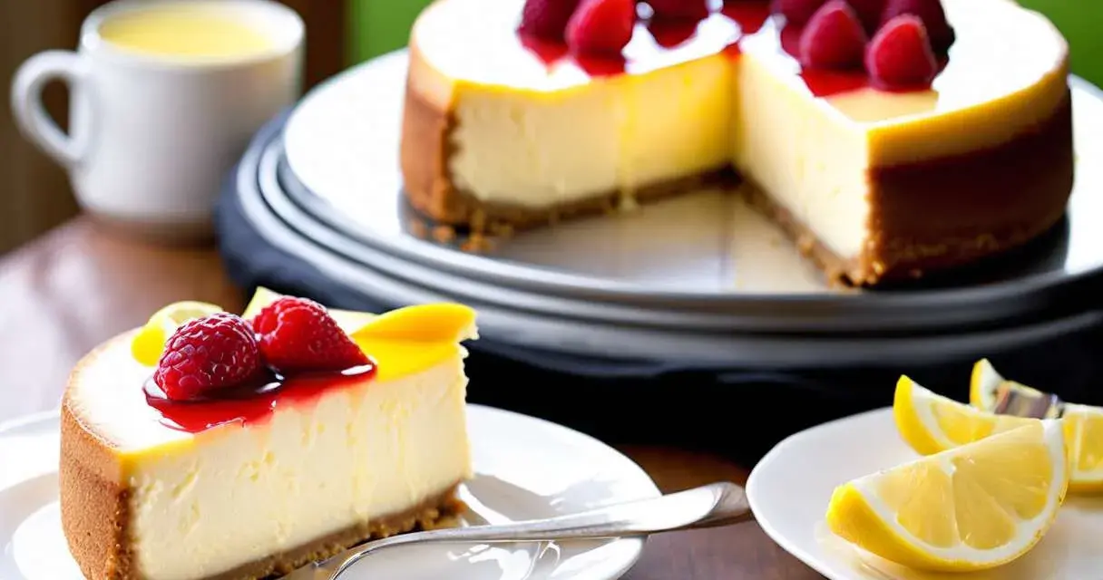 Une part de cheesecake crémeux, garnie de framboises et de coulis, parfaite pour une recette de cheesecake réussie.