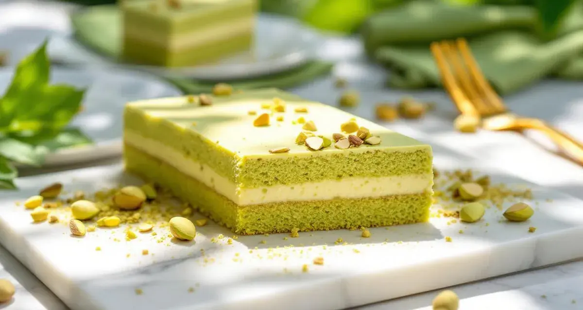 Un délicieux entremet pistache, aux couches aériennes et garni de pistaches concassées, prêt à être dégusté.