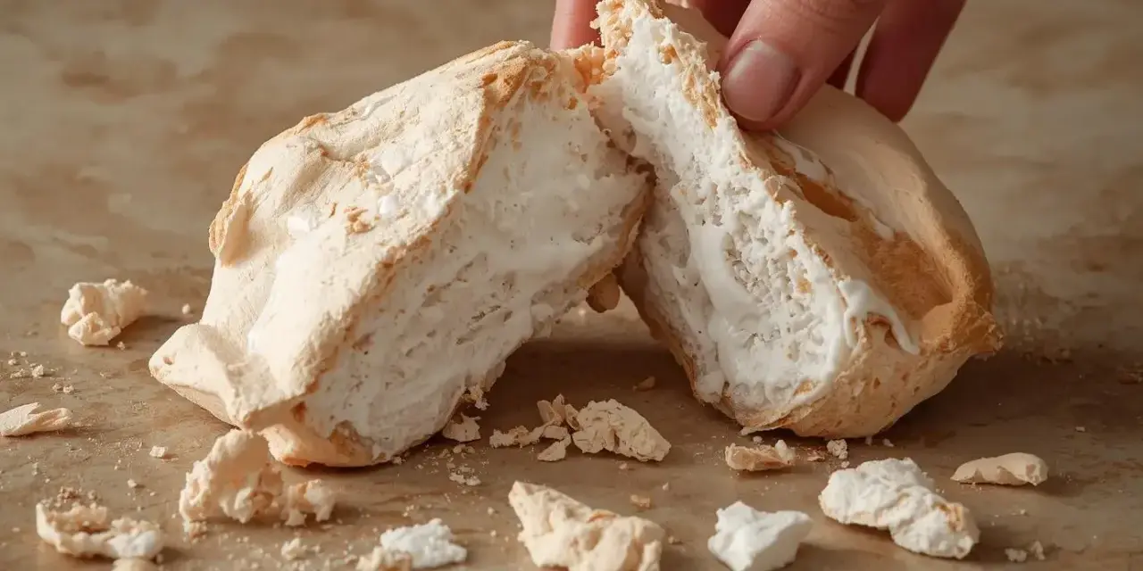 Une main casse une meringue aérienne, parfaite pour une recette meringue. Des miettes tombent sur le plan de travail.