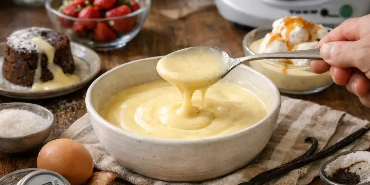 Crème anglaise onctueuse, la recette grand-mère parfaite pour accompagner un moelleux au chocolat ou des fruits rouges.