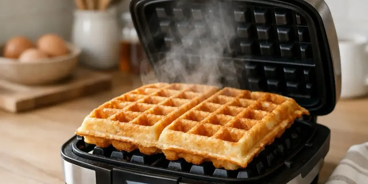 Deux gaufres dorées et croustillantes sortent d'une gaufrier, dégageant une vapeur appétissante. La recette gaufres croustillantes est un succès !