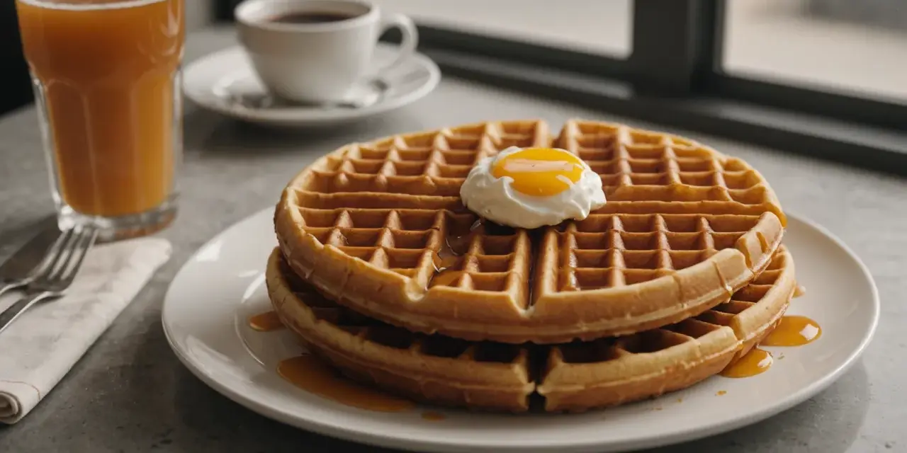 Gaufres dorées nappées de sirop, surmontées d'un œuf poché. Une tasse de café et un verre de jus complètent ce petit-déjeuner gourmand, parfait pour une recette gaufre réussie.