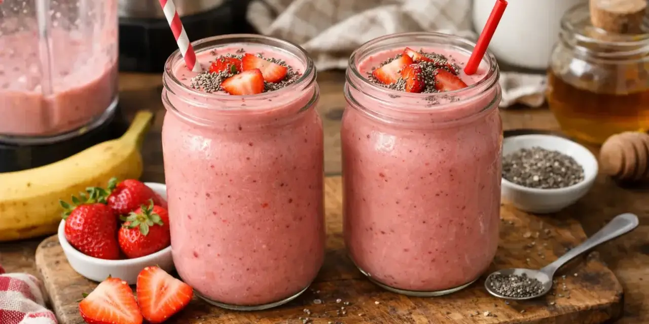 Deux jolis pots de smoothie fraise, garnis de fruits frais et de graines de chia. Un délice fruité prêt à être dégusté !