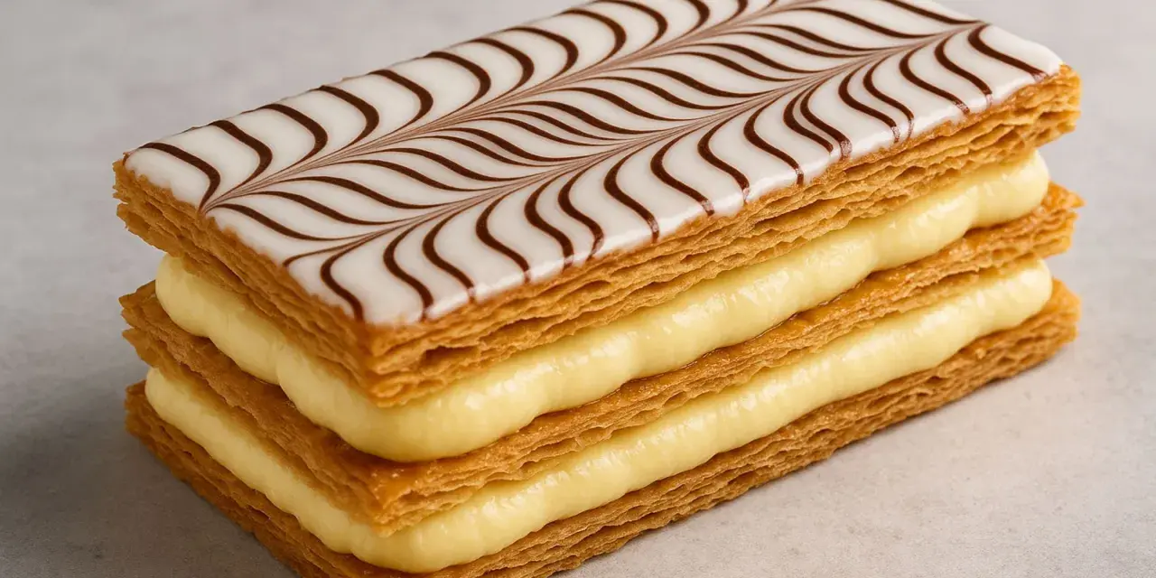 Une délicieuse feuille en pâtisserie, empilée avec de la crème pâtissière et décorée de glaçage blanc et chocolat.