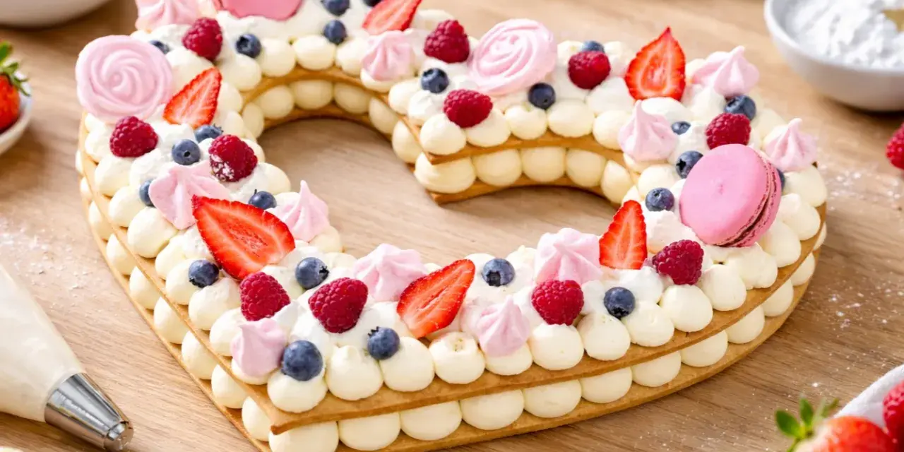 Un magnifique number cake licorne en forme de cœur, garni de fruits rouges, de macarons roses et de crème onctueuse.