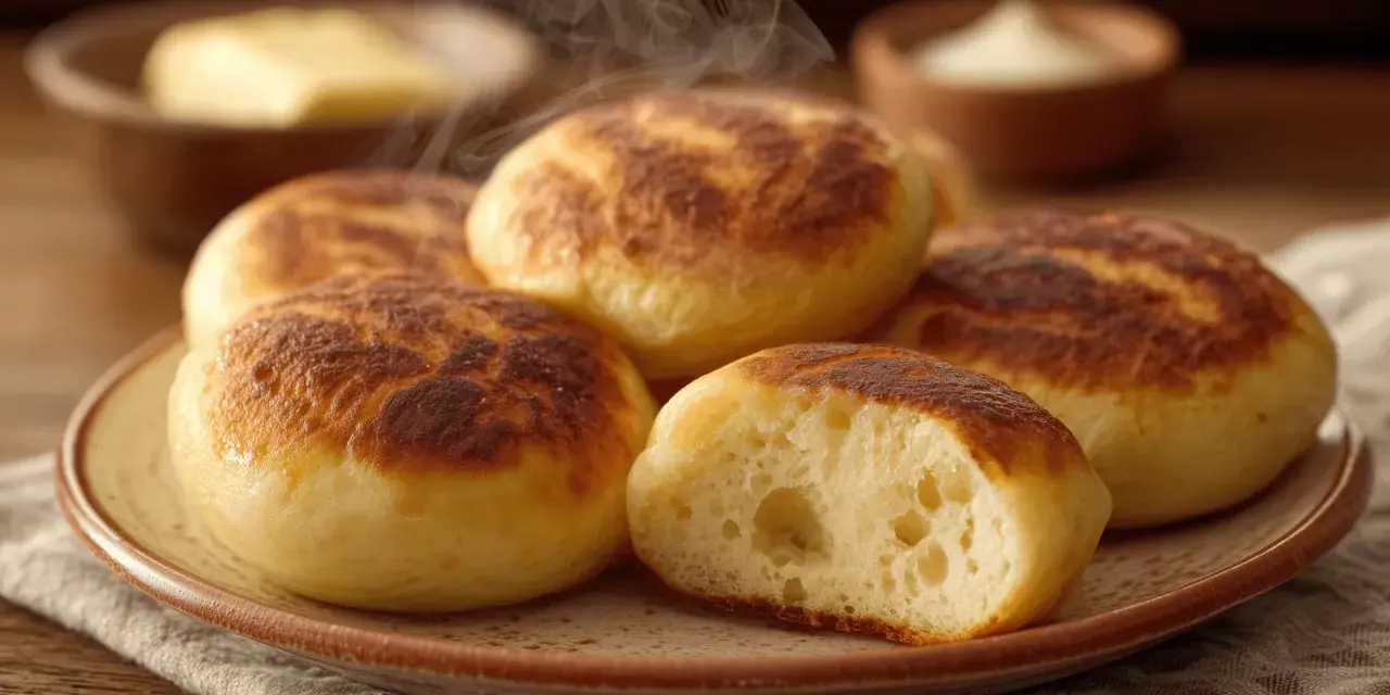 Dampfnudle moelleux et dorés, un délice de la recette traditionnelle. Vapeur s'échappant d'une assiette, avec du beurre et de la crème en arrière-plan.
