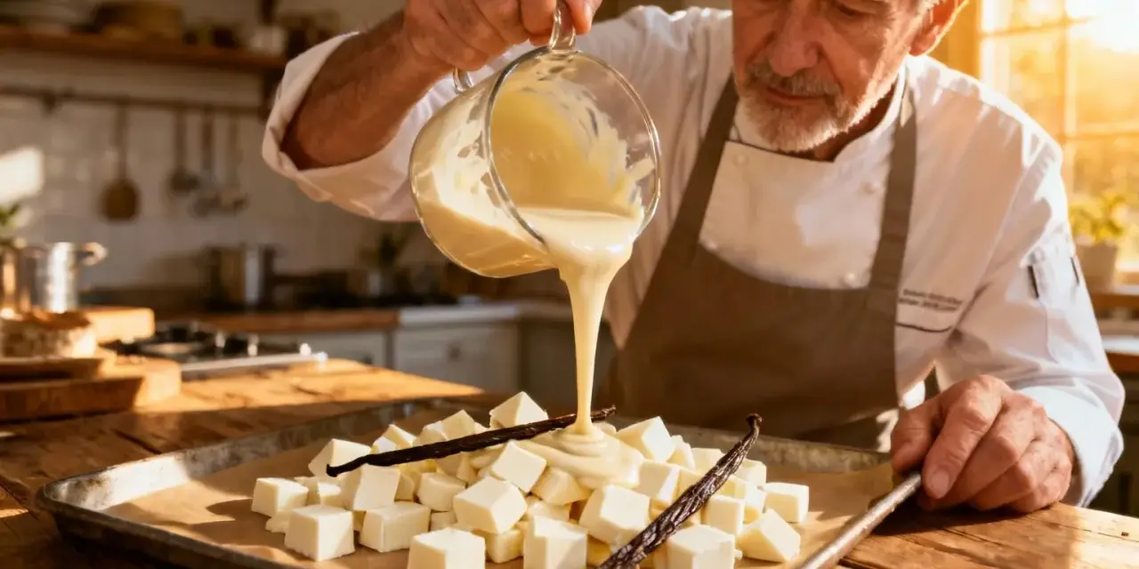 Un chef verse une ganache vanille onctueuse sur des cubes de chocolat blanc et des gousses de vanille.