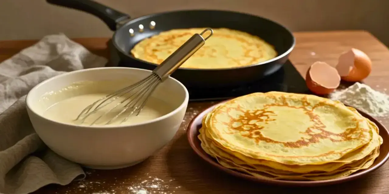 Préparation d'une recette de crêpes : pâte dans un bol, crêpes cuites dans une poêle et empilées, œufs et farine.