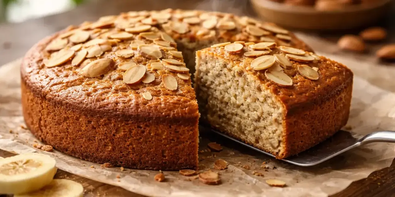 Un délicieux gâteau sans sucre, garni d'amandes effilées, avec une part servie sur une pelle.