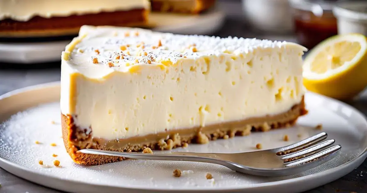 Tranche de cheesecake sans cuisson crémeux, garnie de miettes et de sucre glace, avec un quartier de citron à côté.