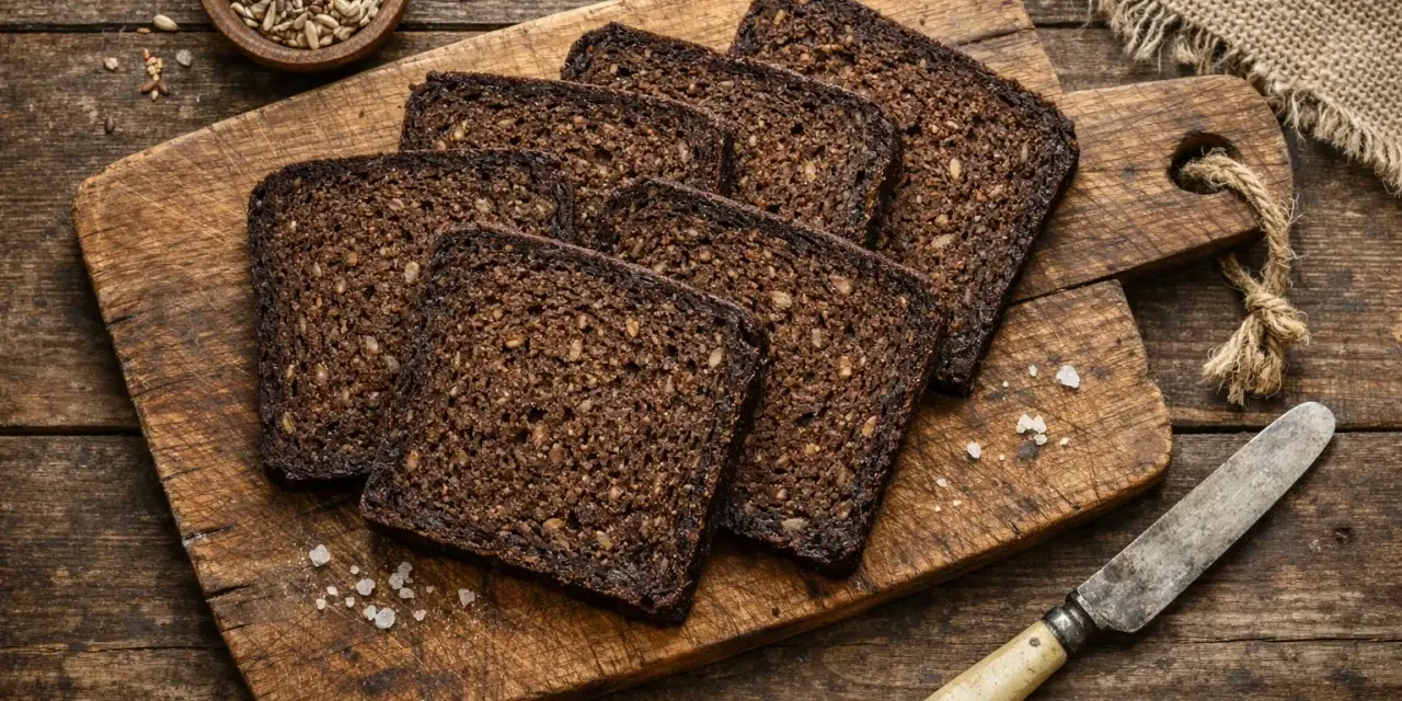Tranches de pumpernickel sur une planche en bois, prêtes pour une délicieuse recette. Un bol de graines et un couteau complètent la scène rustique.
