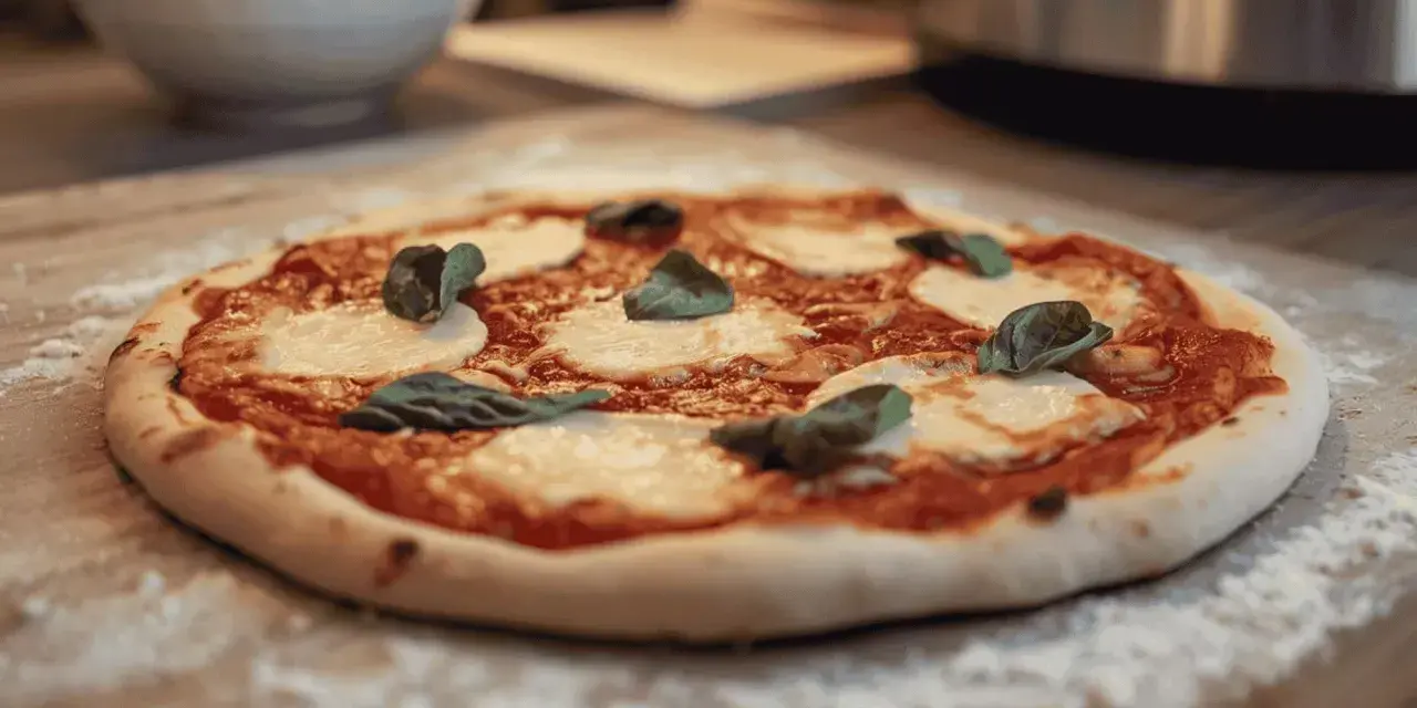 Une délicieuse pizza Margherita, avec sa pâte à pizza maison, prête à être dégustée. Un vrai délice pour les amateurs de pain et de bonnes choses.
